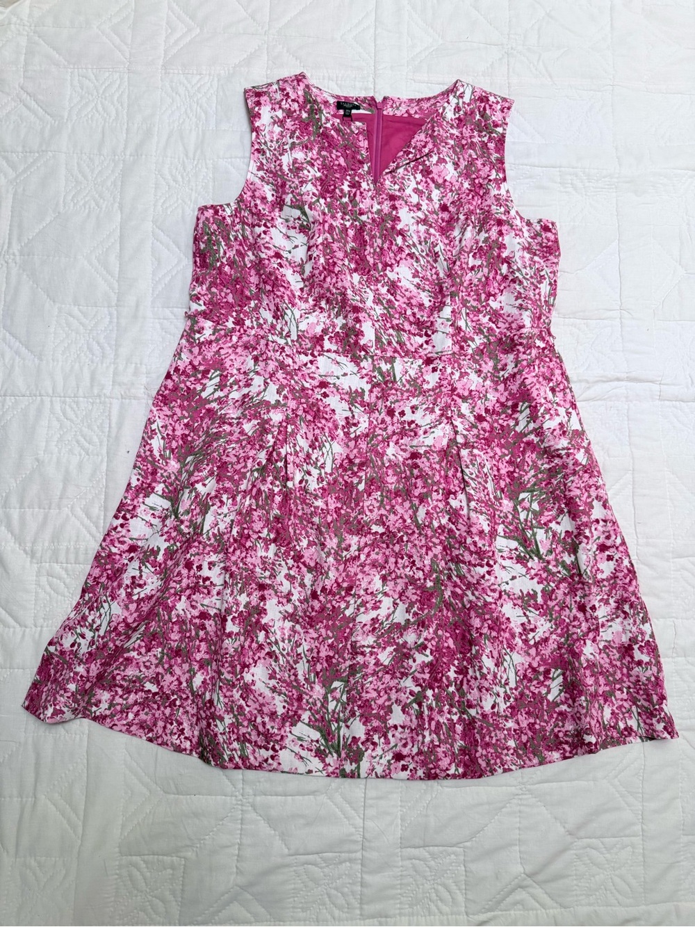 Talbots Size 20W Linen Floral Fit & Flare A-Line Dress Pink White Sleeveless NWT